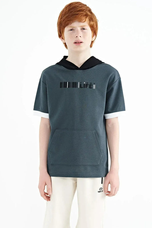 Forest Green Color Block Hooded Kangaroo Pocket Oversize Boys T-Shirt - 11148