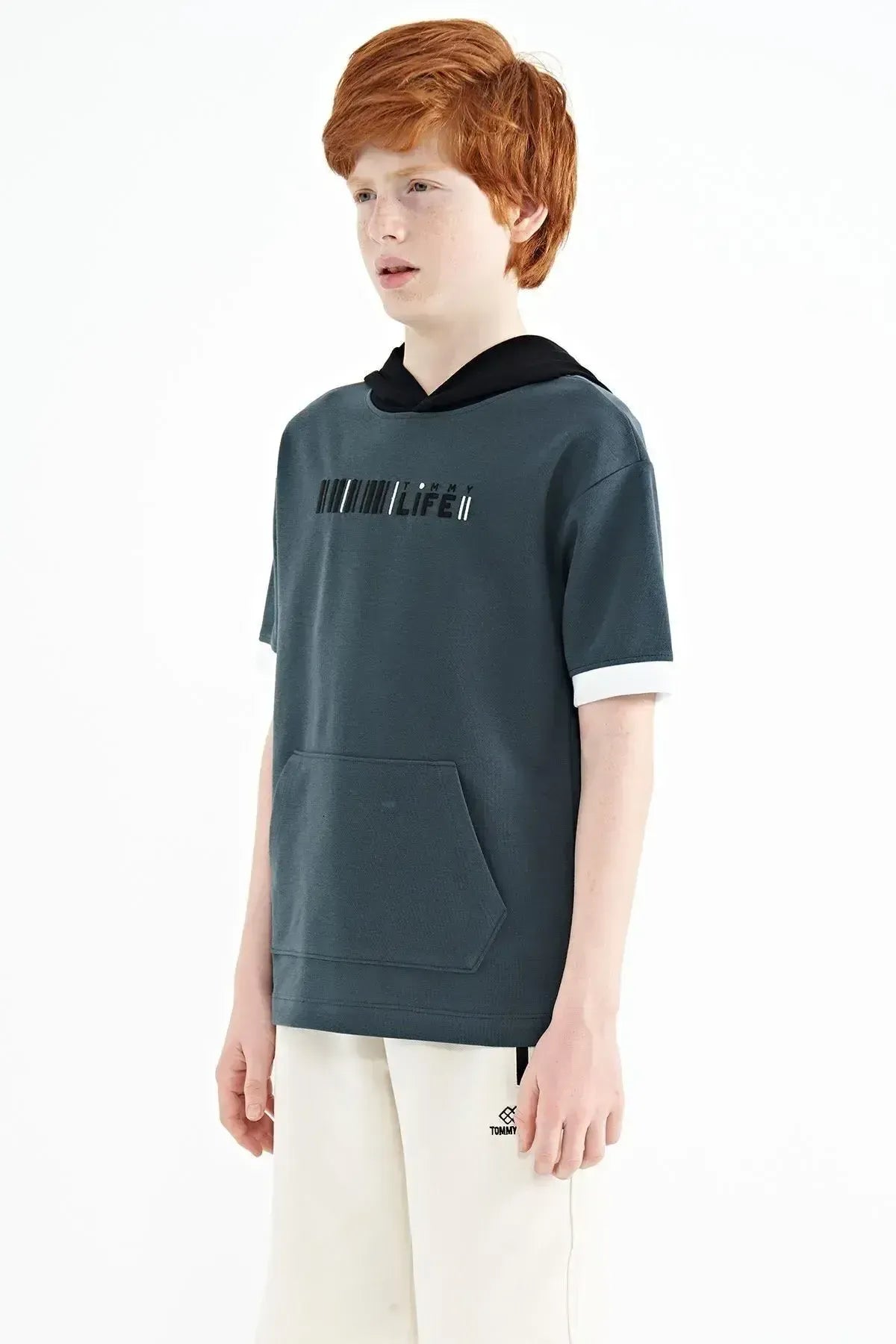 Forest Green Color Block Hooded Kangaroo Pocket Oversize Boys T-Shirt - 11148