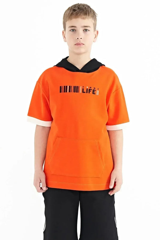 Orange Color Block Hooded Kangaroo Pocket Oversize Boys T-Shirt - 11148