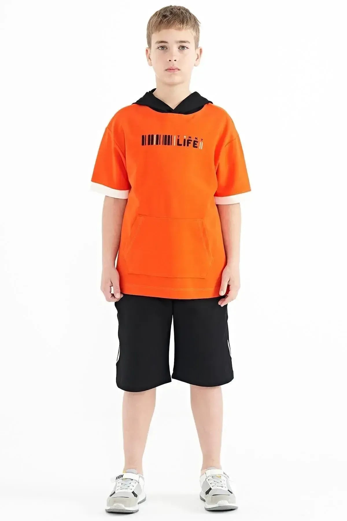 Orange Color Block Hooded Kangaroo Pocket Oversize Boys T-Shirt - 11148