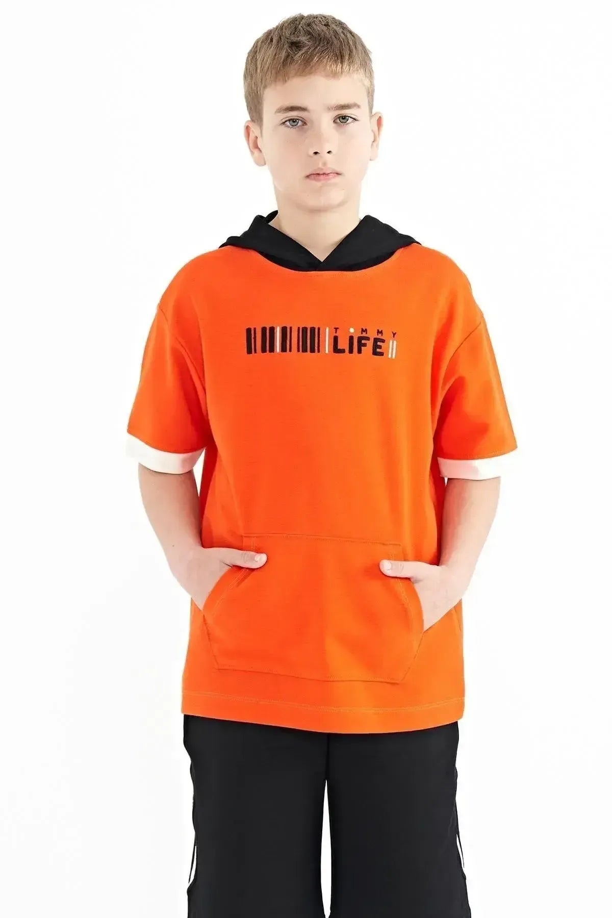 Orange Color Block Hooded Kangaroo Pocket Oversize Boys T-Shirt - 11148