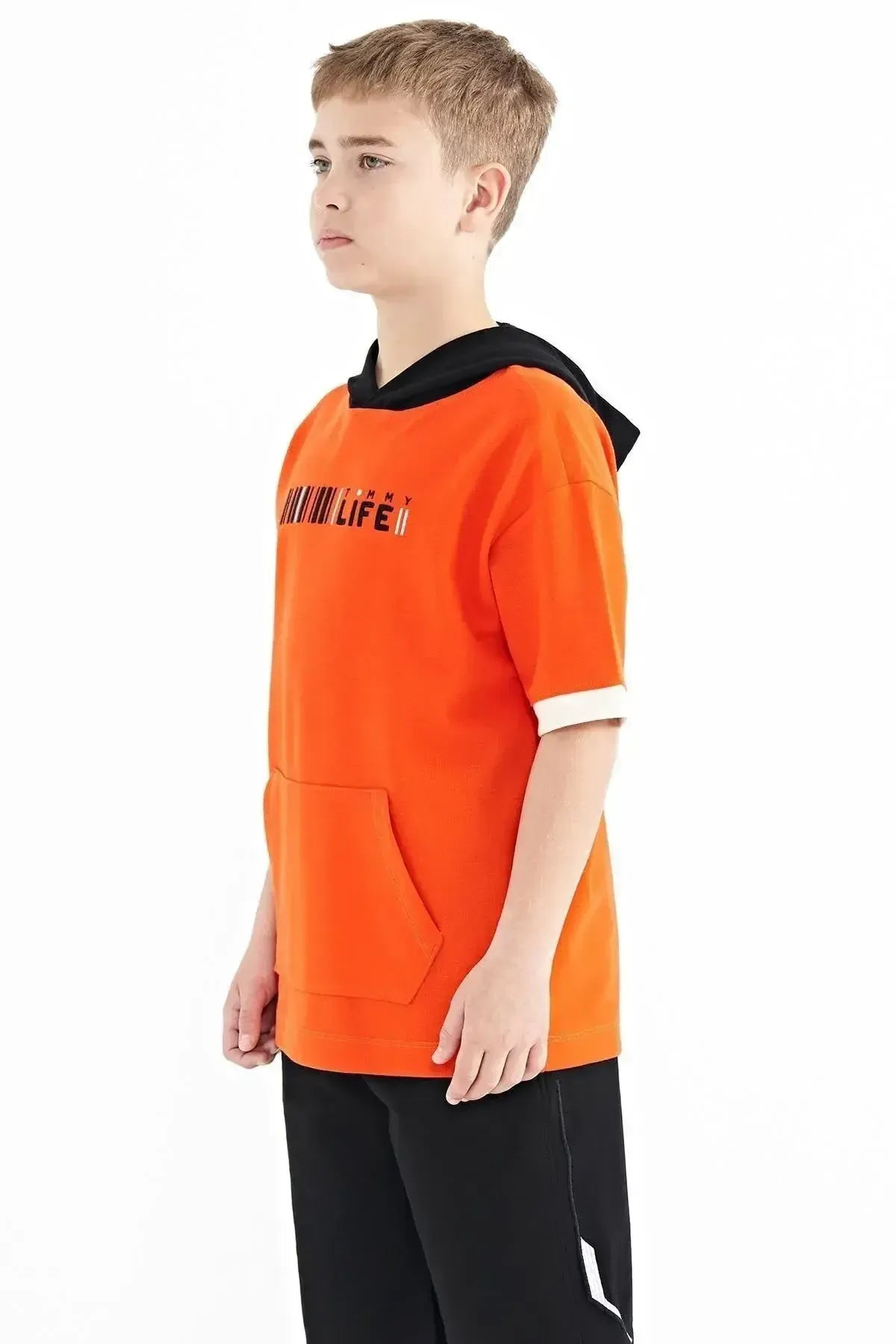 Orange Color Block Hooded Kangaroo Pocket Oversize Boys T-Shirt - 11148