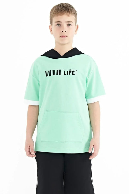 Forest Green Color Block Hooded Kangaroo Pocket Oversize Boys T-Shirt - 11148