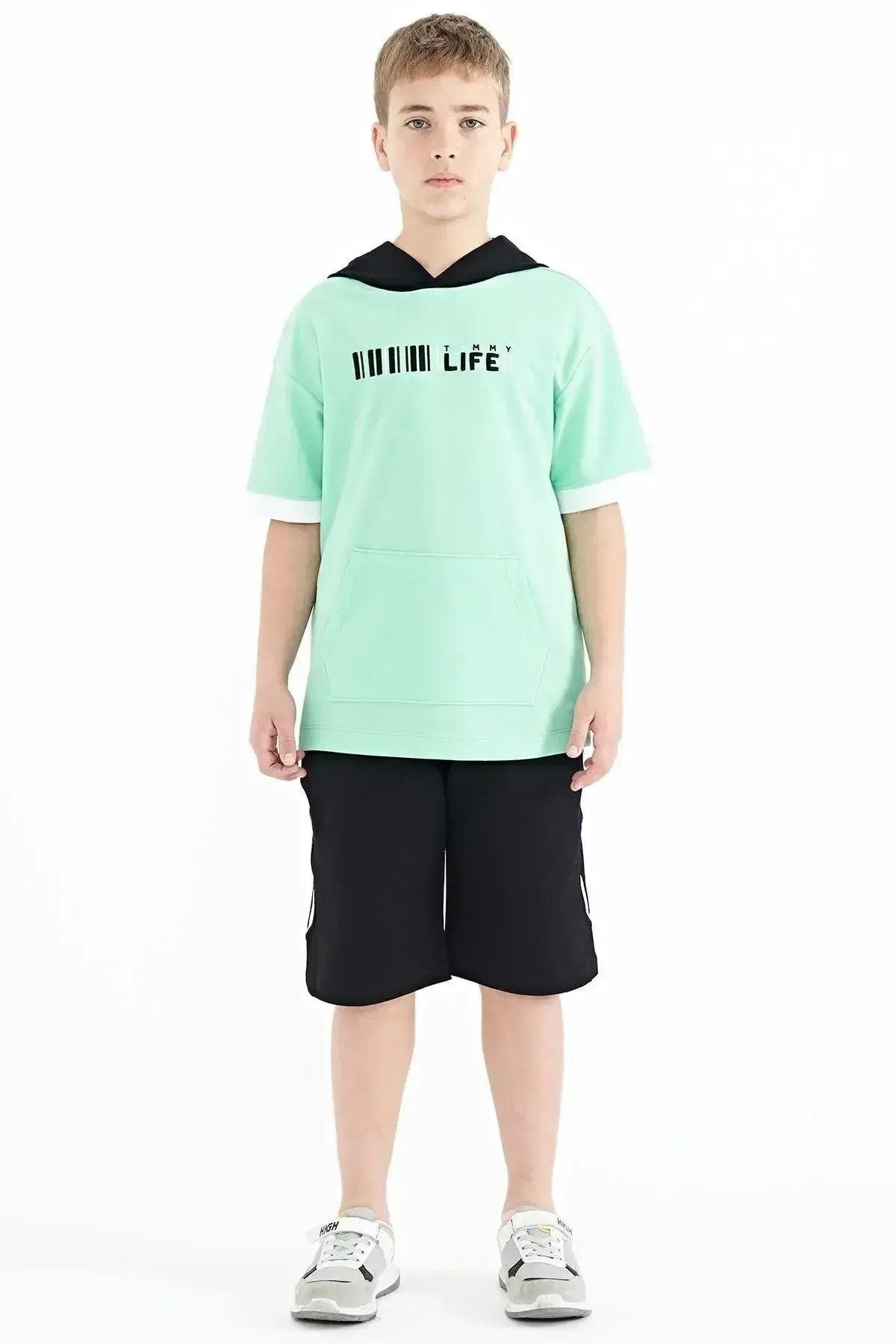 Forest Green Color Block Hooded Kangaroo Pocket Oversize Boys T-Shirt - 11148