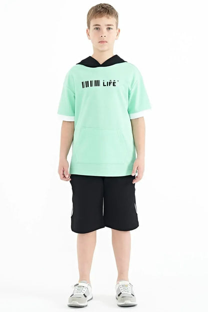 Forest Green Color Block Hooded Kangaroo Pocket Oversize Boys T-Shirt - 11148