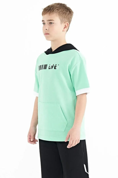 Forest Green Color Block Hooded Kangaroo Pocket Oversize Boys T-Shirt - 11148