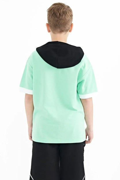 Forest Green Color Block Hooded Kangaroo Pocket Oversize Boys T-Shirt - 11148