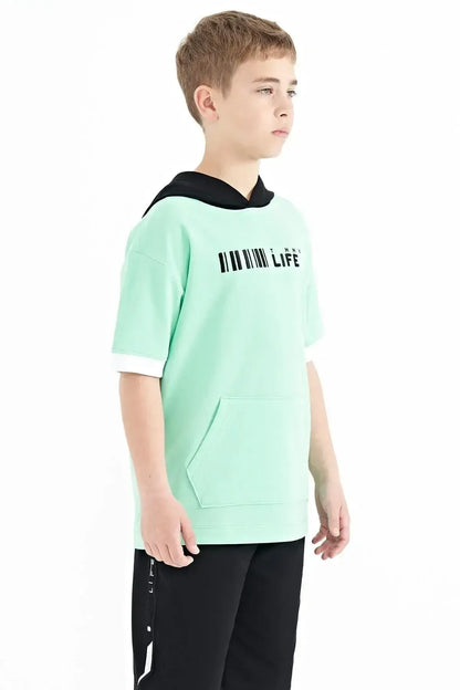Forest Green Color Block Hooded Kangaroo Pocket Oversize Boys T-Shirt - 11148