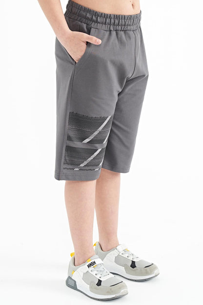 Dark Grey Print Detailed Laced Standard Fit Boys Shorts - 11125