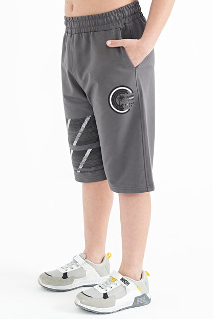 Dark Grey Print Detailed Laced Standard Fit Boys Shorts - 11125