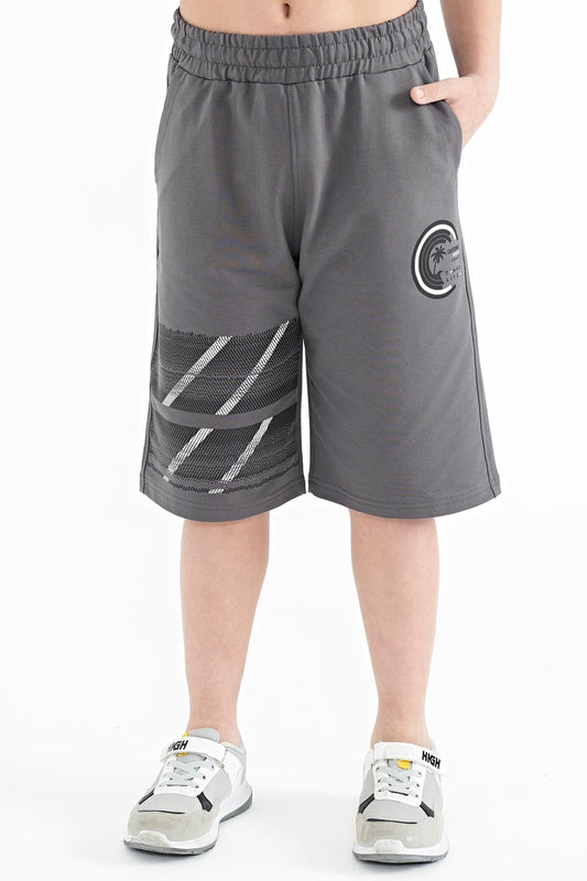 Dark Grey Print Detailed Laced Standard Fit Boys Shorts - 11125