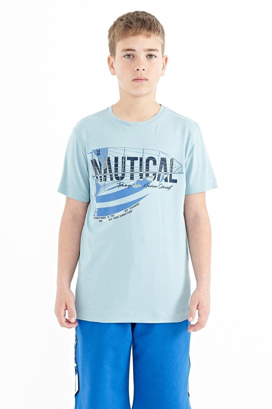 Light Blue Printed O Collar Standard Fit Men's Boys T-Shirt - 11100