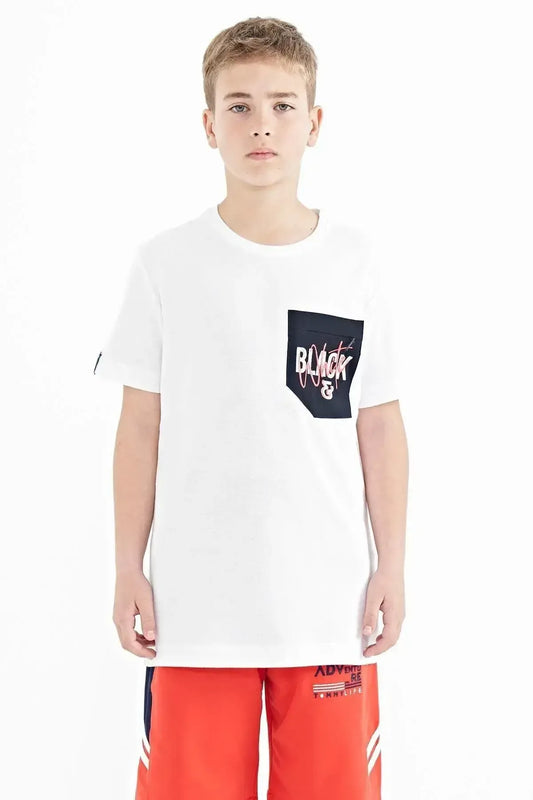 White Front Pocket Embroidered O Neck Standard Fit Boys T-Shirt - 11116
