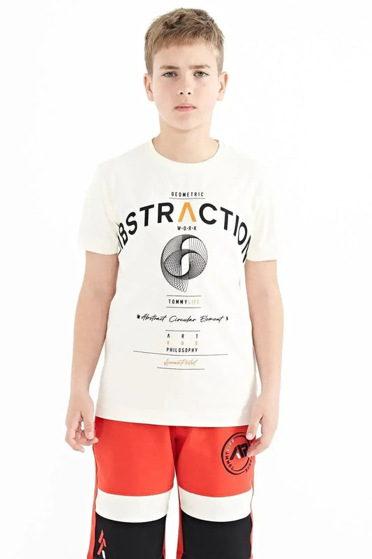 Ecru Writing Print Detailed O Collar Standard Cut Boys T-Shirt - 11103