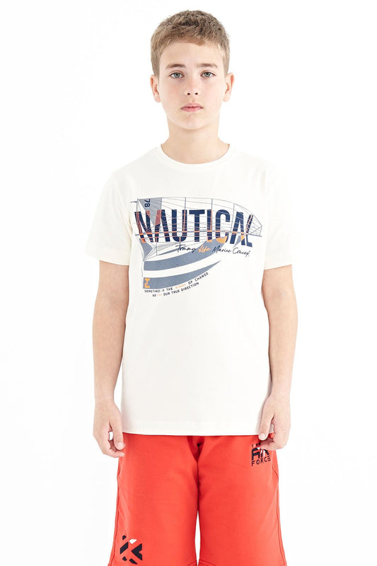 Ecru Print Letter O Collar Standard Fit Men's Kids T-Shirt - 11100