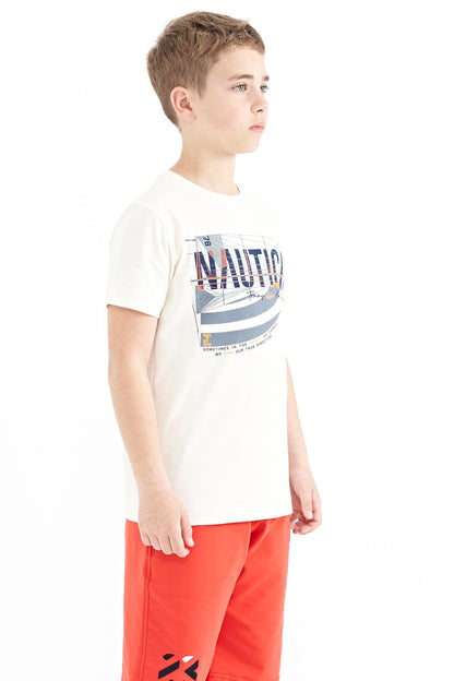 Ecru Print Letter O Collar Standard Fit Men's Kids T-Shirt - 11100