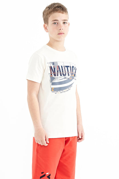 Ecru Print Letter O Collar Standard Fit Men's Kids T-Shirt - 11100