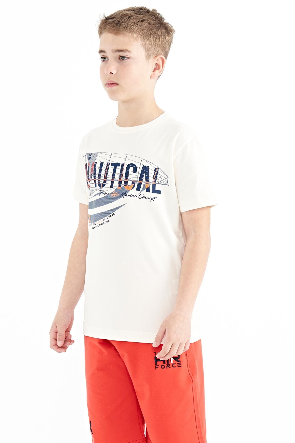 Ecru Print Letter O Collar Standard Fit Men's Kids T-Shirt - 11100