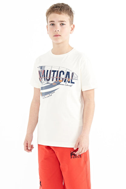 Ecru Print Letter O Collar Standard Fit Men's Kids T-Shirt - 11100
