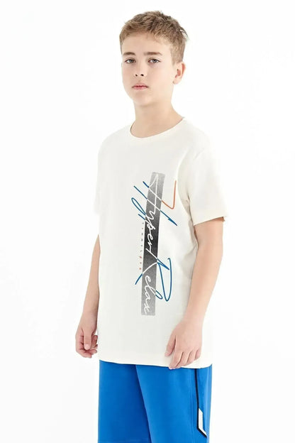 Ecru Print Round Neck Standard Fit Boys' T-Shirt - 11119