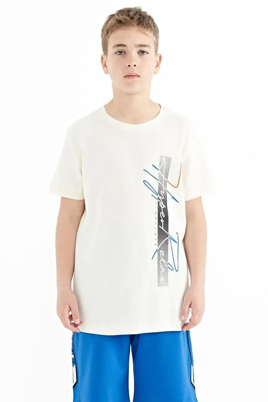 Ecru Print Round Neck Standard Fit Boys' T-Shirt - 11119