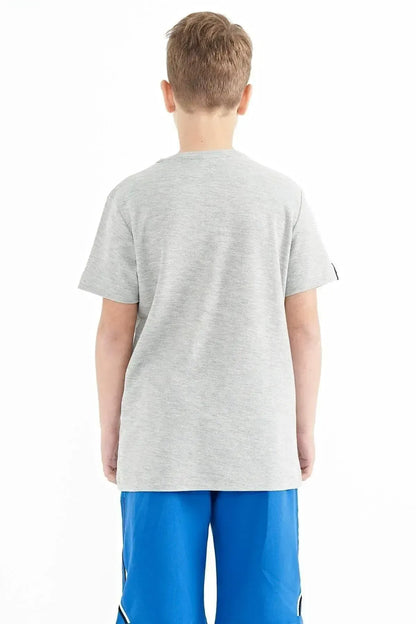 Grey Melange Round Neck Embroidered O Collar Standard Fit Boys T-Shirt - 11116