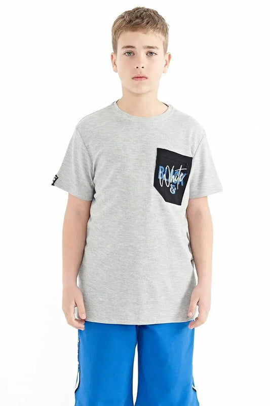 Grey Melange Round Neck Embroidered O Collar Standard Fit Boys T-Shirt - 11116