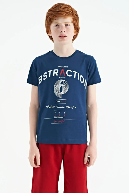 Indigo Print Detailed O Collar Standard Cut Boys' T-Shirt - 11103