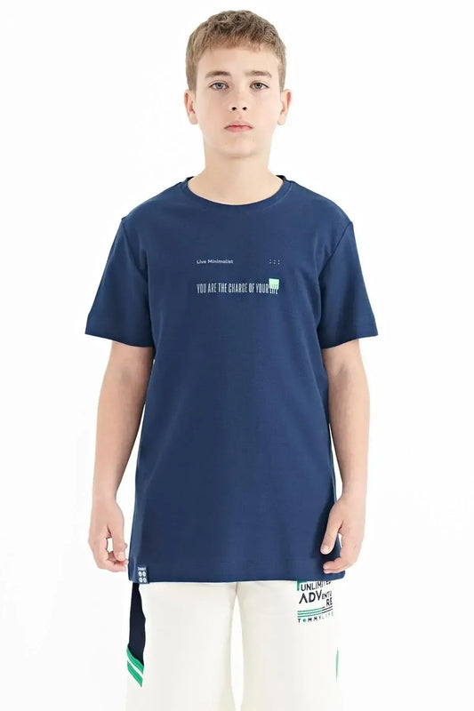 Indigo Print Detailed O Collar Standard Fit Men's Kids T-Shirt - 11117