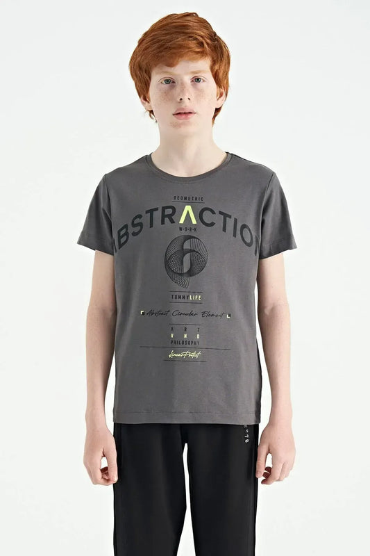 Dark Grey Print Detailed O Collar Standard Fit Boys T-Shirt - 11103