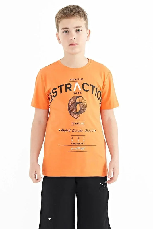 Orange Print Detailed O Collar Standard Cut Boys' T-Shirt - 11103