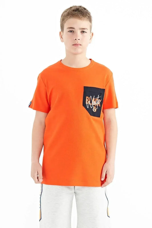 Orange Front Pocket Embroidered Detailed O Collar Standard Fit Boys' T-Shirt - 11116