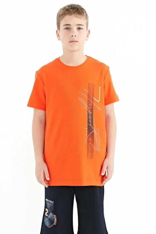 Orange Print O Collar Standard Cut Boys T-Shirt - 11119