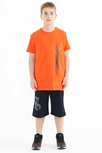 Orange Print O Collar Standard Cut Boys T-Shirt - 11119