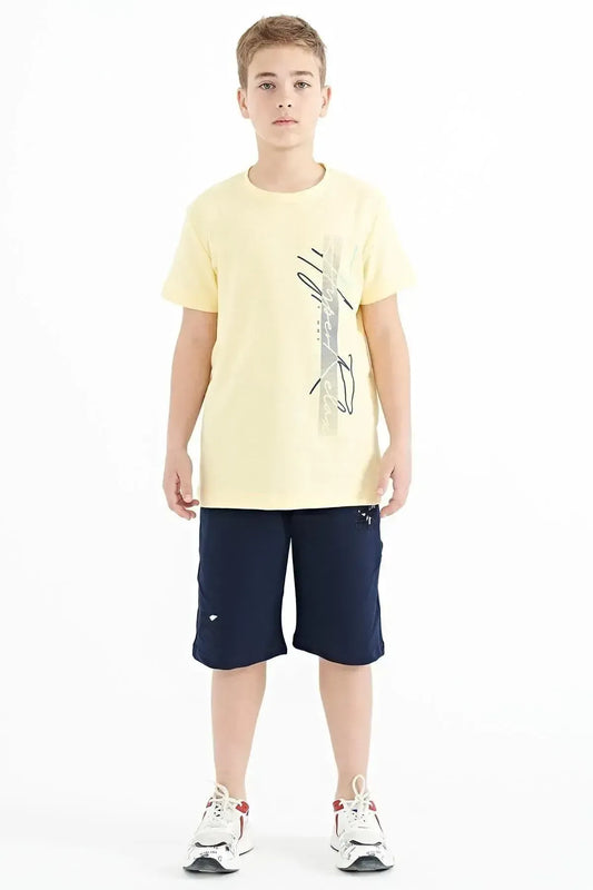 Yellow Print O Collar Standard Cut Boys' T-Shirt - 11119