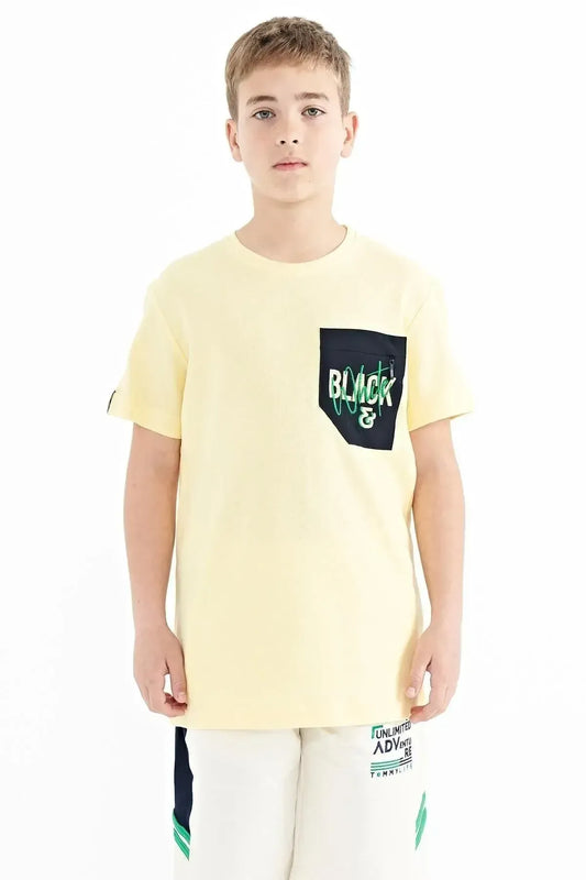 Blue Front Pocket Embroidered Detailed O Collar Standard Fit Boys T-Shirt - 11116
