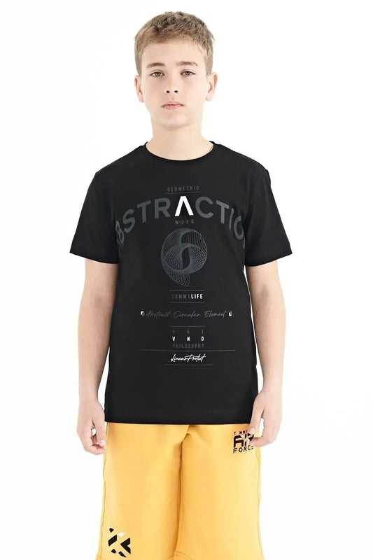 Black Print Detailed O Collar Standard Fit Boys' T-Shirt - 11103