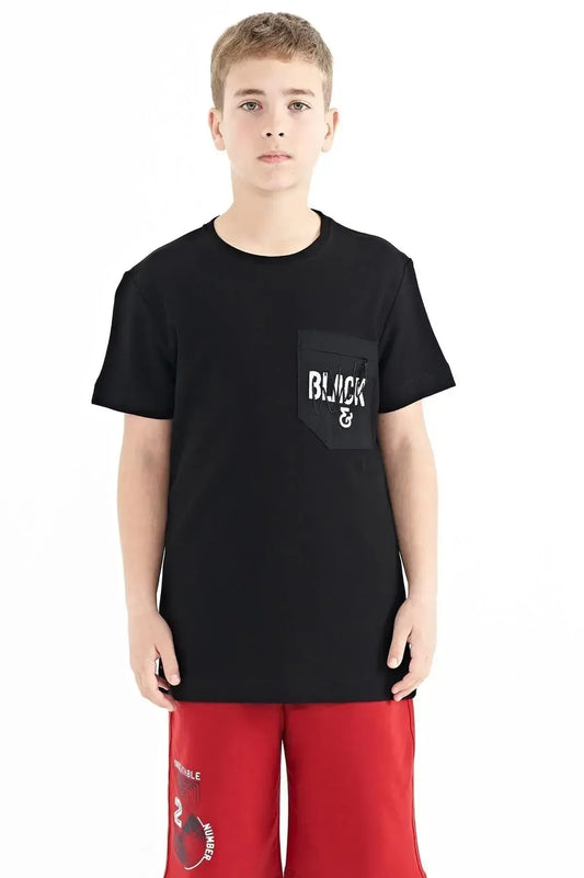 Black Front Pocket Embroidered O Collar Standard Fit Boys T-Shirt - 11116