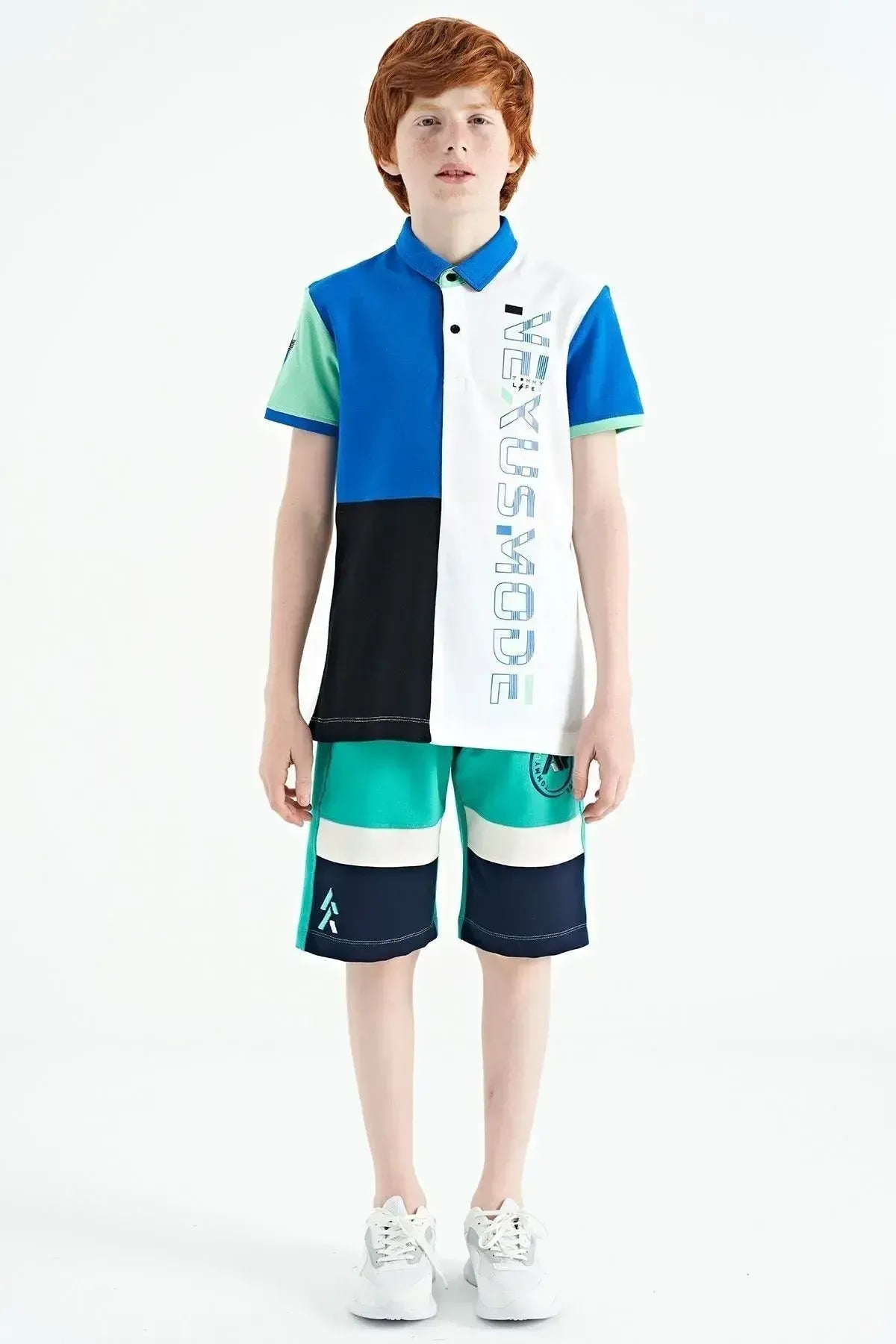 White Color Block Print Detailed Standard Fit Polo Collar Boys T-shirt - 11112