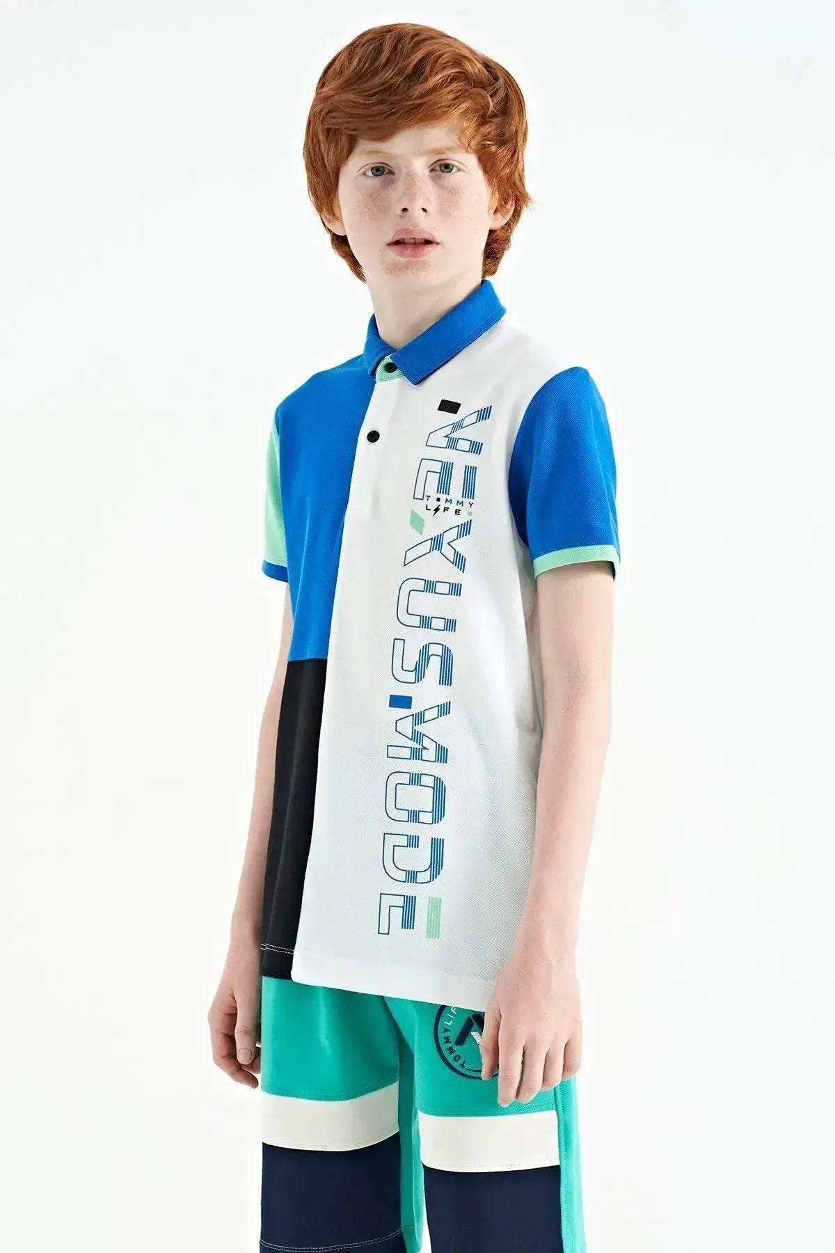 White Color Block Print Detailed Standard Fit Polo Collar Boys T-shirt - 11112