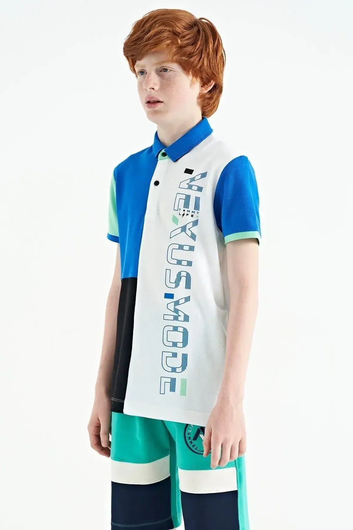 White Color Block Print Detailed Standard Fit Polo Collar Boys T-shirt - 11112