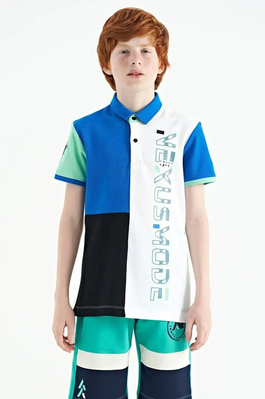 White Color Block Print Detailed Standard Fit Polo Collar Boys T-shirt - 11112