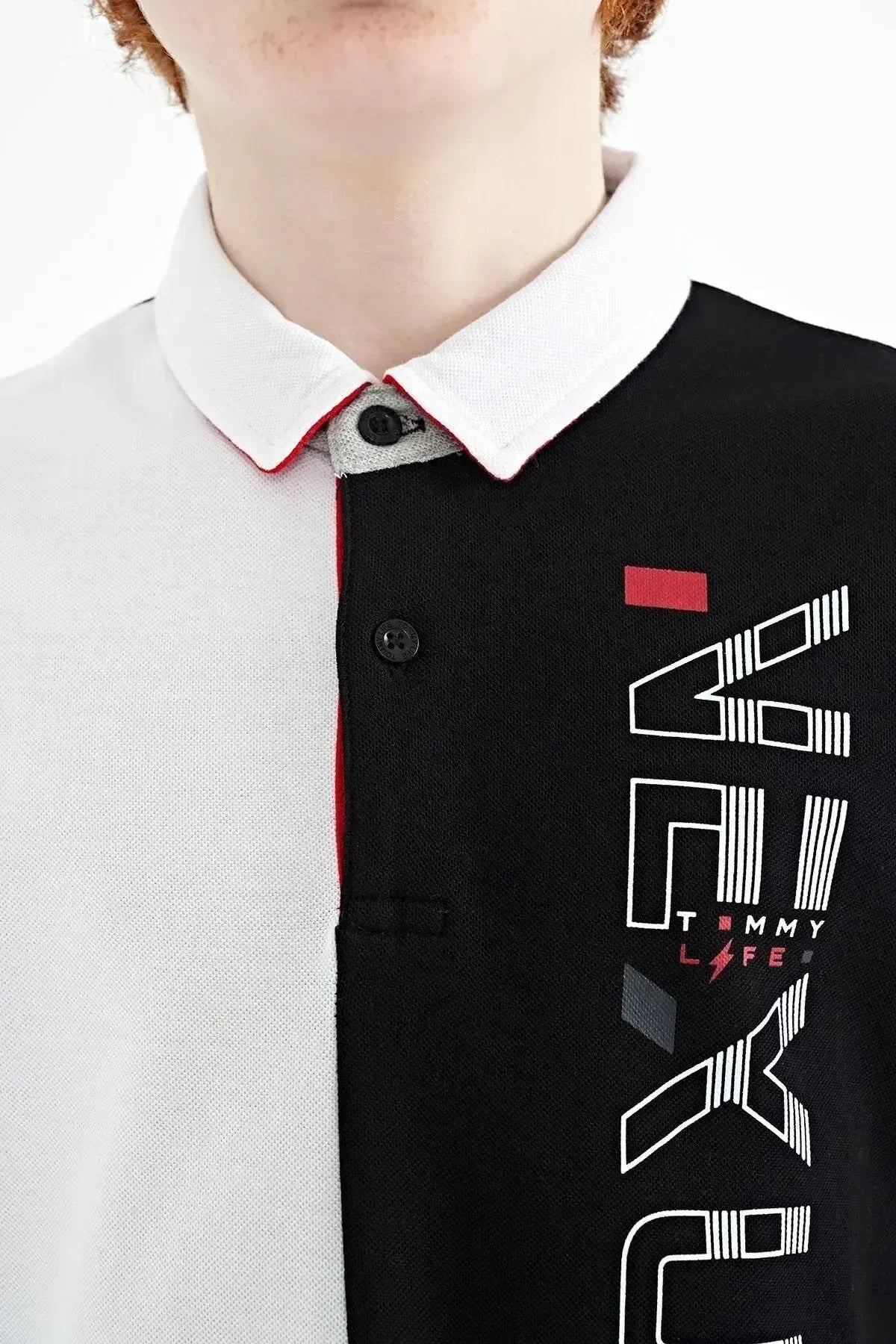 Black Color Block Print Detailed Standard Fit Polo Collar Boys T-shirt - 11112