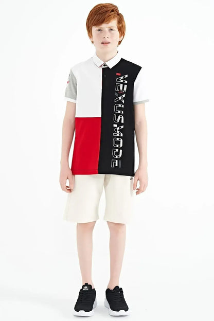 Black Color Block Print Detailed Standard Fit Polo Collar Boys T-shirt - 11112