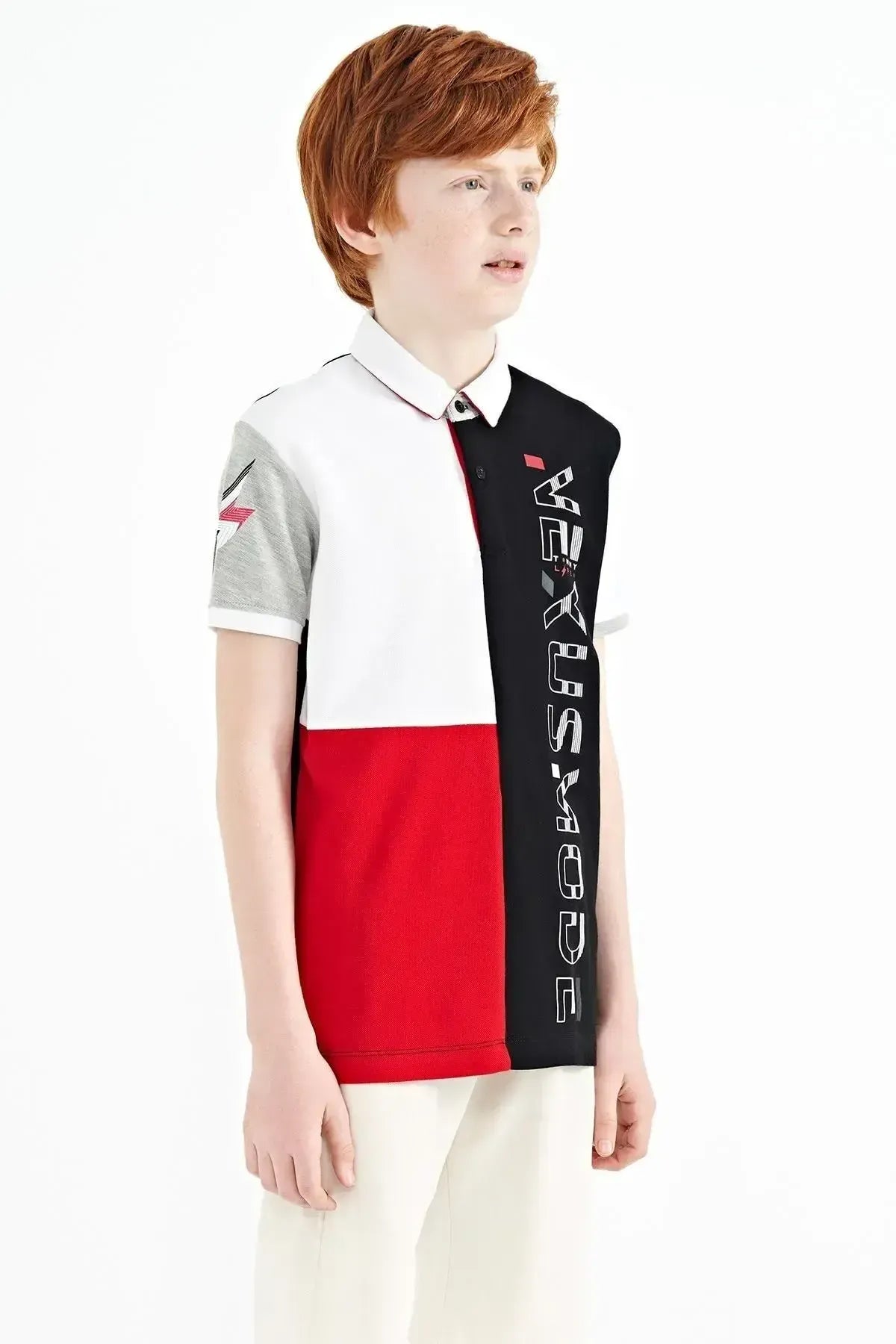 Black Color Block Print Detailed Standard Fit Polo Collar Boys T-shirt - 11112