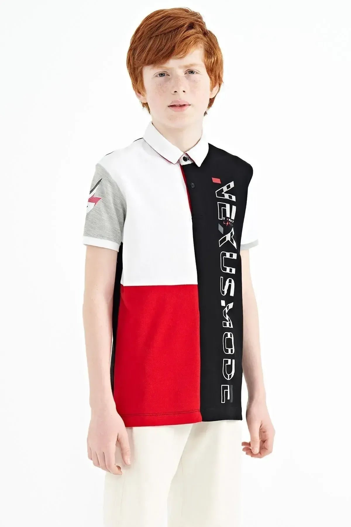 Black Color Block Print Detailed Standard Fit Polo Collar Boys T-shirt - 11112