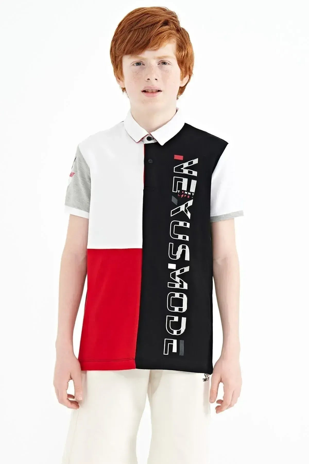 Black Color Block Print Detailed Standard Fit Polo Collar Boys T-shirt - 11112