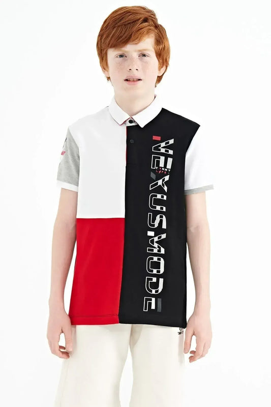 Black Color Block Print Detailed Standard Fit Polo Collar Boys T-shirt - 11112