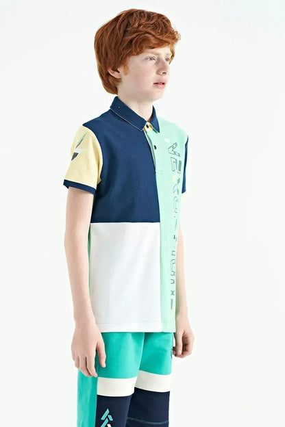Color Block Print Detailed Standard Cut Polo Collar Boys' T-shirt - 11112