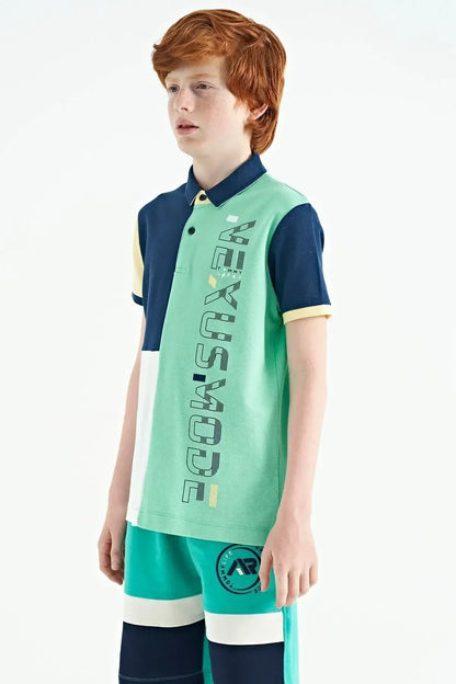 Color Block Print Detailed Standard Cut Polo Collar Boys' T-shirt - 11112